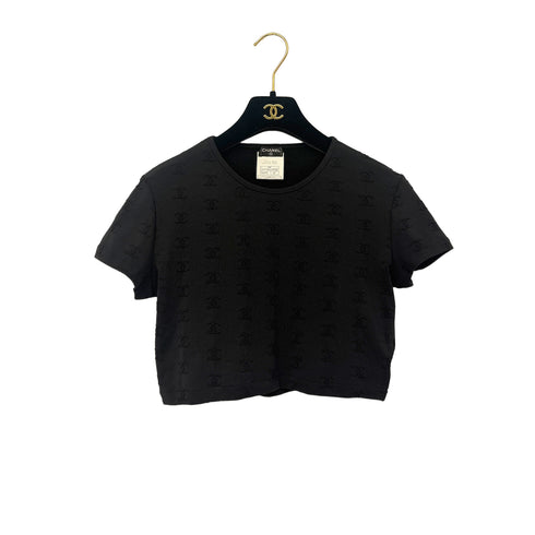 CHANEL VINTAGE SHORT SLEEVE CROPPED T-SHIRT TOPS COCOMARK BLACK NYLON 42 97P RTW 90292102 - PURPOSE