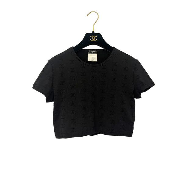 CHANEL VINTAGE SHORT SLEEVE CROPPED T-SHIRT TOPS COCOMARK BLACK NYLON 42 97P RTW 90292102
