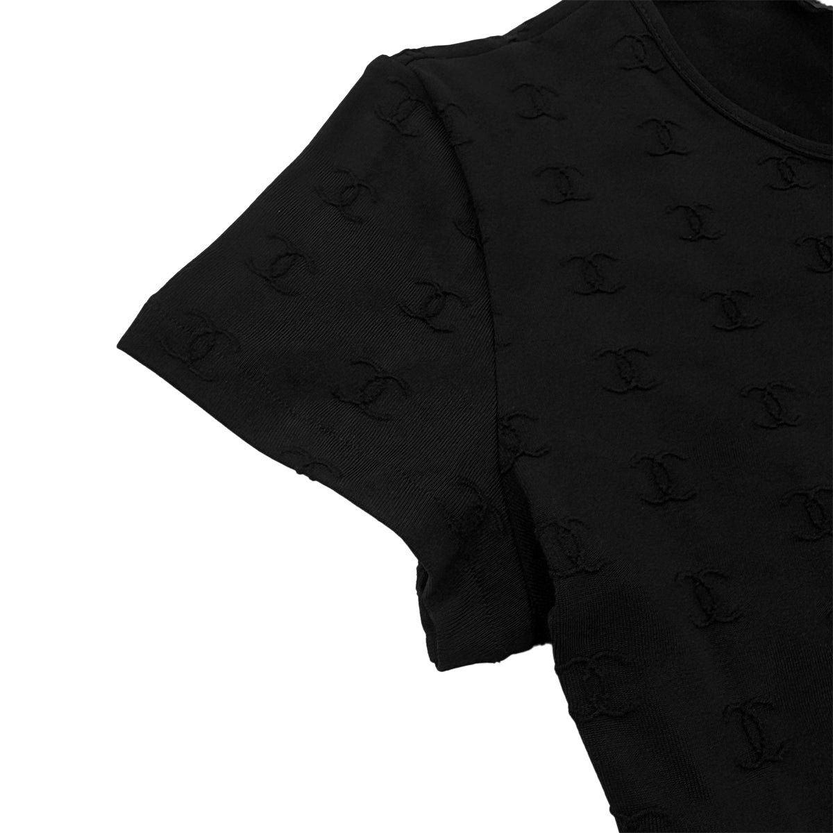 CHANEL VINTAGE SHORT SLEEVE CROPPED T-SHIRT TOPS COCOMARK BLACK NYLON 42 97P RTW 90292102