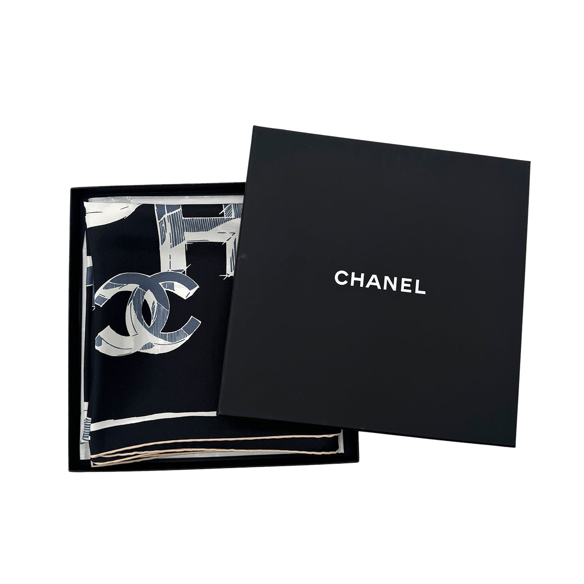 CHANEL SCARF COCOMARK LOGO PATTERN BALCK SILK 90292107