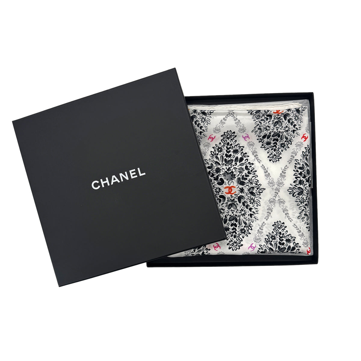 CHANEL SCARF COCOMARK FLOWER PATTERN WHITE SILK 90292109