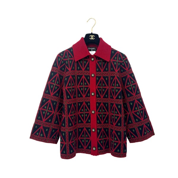 CHANEL KNIT JACKET PATTERNED ALL-OVER RED CASHMERE 40 P52 RTW 90292111