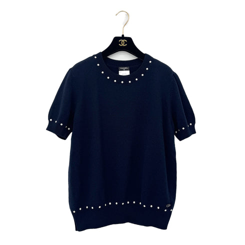 CHANEL SHORT SLEEVE KNIT TOPS COCOMARK FAUX PEARL NAVY COTTON 38 P53 RTW 90292112
