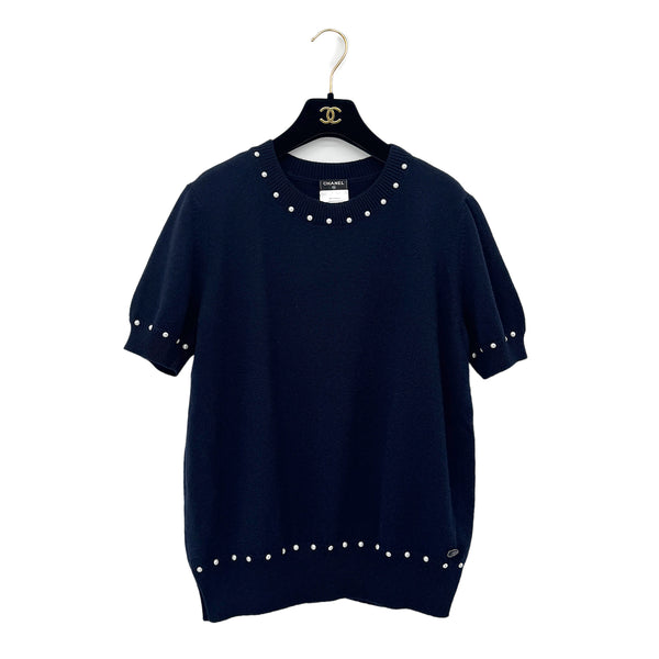 CHANEL SHORT SLEEVE KNIT TOPS COCOMARK FAUX PEARL NAVY COTTON 38 P53 RTW 90292112