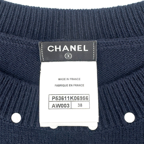 CHANEL SHORT SLEEVE KNIT TOPS COCOMARK FAUX PEARL NAVY COTTON 38 P53 RTW 90292112