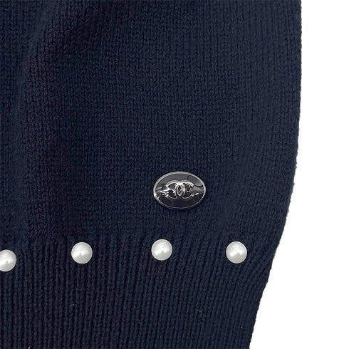 CHANEL SHORT SLEEVE KNIT TOPS COCOMARK FAUX PEARL NAVY COTTON 38 P53 RTW 90292112