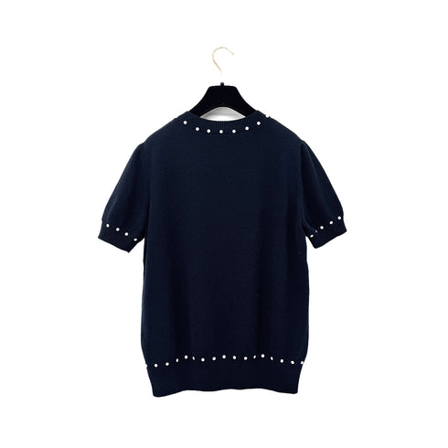 CHANEL SHORT SLEEVE KNIT TOPS COCOMARK FAUX PEARL NAVY COTTON 38 P53 RTW 90292112