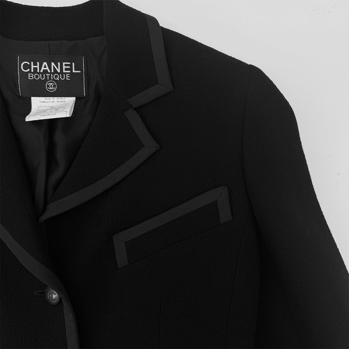 CHANEL VINTAGE JACKET COCO BUTTON BLACK WOOL 36 96C RTW 90292113