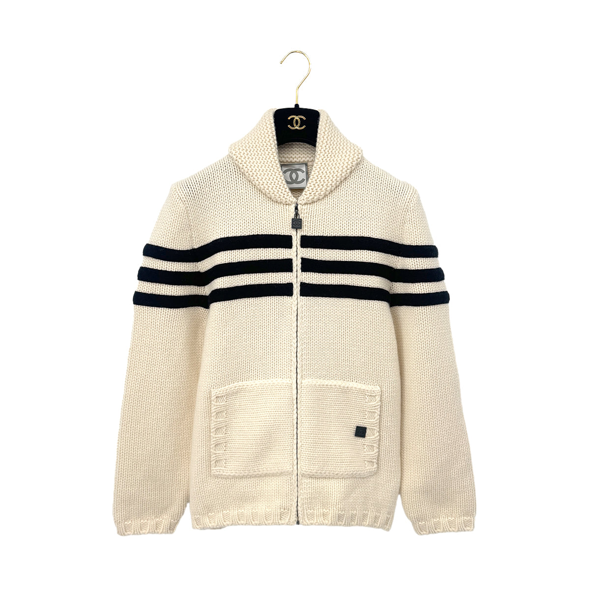 CHANEL COCOMARK ZIP KNIT JACKET WHITE BLACK LINE WOOL 36 06A RTW 90292119