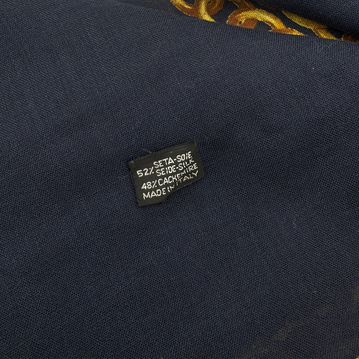 CHANEL VINTAGE SCARF SILK CASHMERE NAVY GOLD COCOMARK 90292123