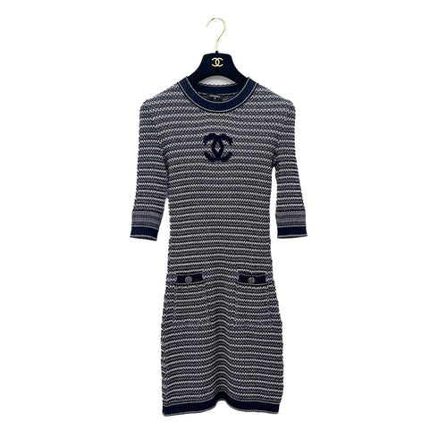 CHANEL COCOMARK COCO BUTTON HALF SLEEVE JACQUARD DRESS NAVY PINK COTTON 38 P63 RTW 90292124