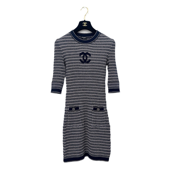 CHANEL COCOMARK COCO BUTTON HALF SLEEVE JACQUARD DRESS NAVY PINK COTTON 38 P63 RTW 90292124