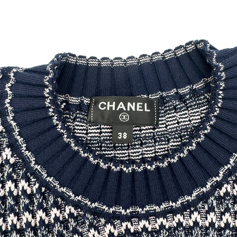 CHANEL COCOMARK COCO BUTTON HALF SLEEVE JACQUARD DRESS NAVY PINK COTTON 38 P63 RTW 90292124