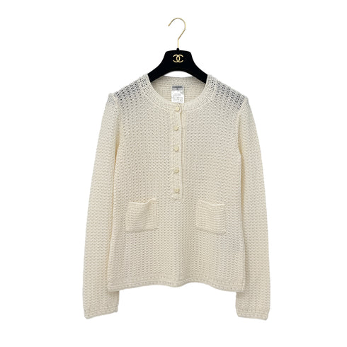 CHANEL KNIT TOPS BEEDS COCO BUTTON RHINESTONE WHITE RAYON COTTON 38 02P RTW 90292125