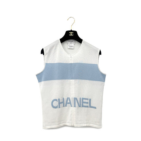 CHANEL SLEEVELESS TOPS LOGO WHITE BLUE COTTON 44 00S RTW 90292443