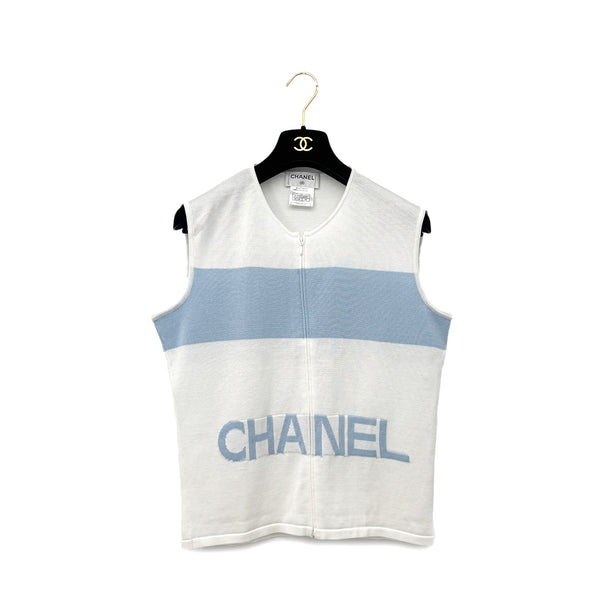 CHANEL SLEEVELESS TOPS LOGO WHITE BLUE COTTON 44 00S RTW 90292443
