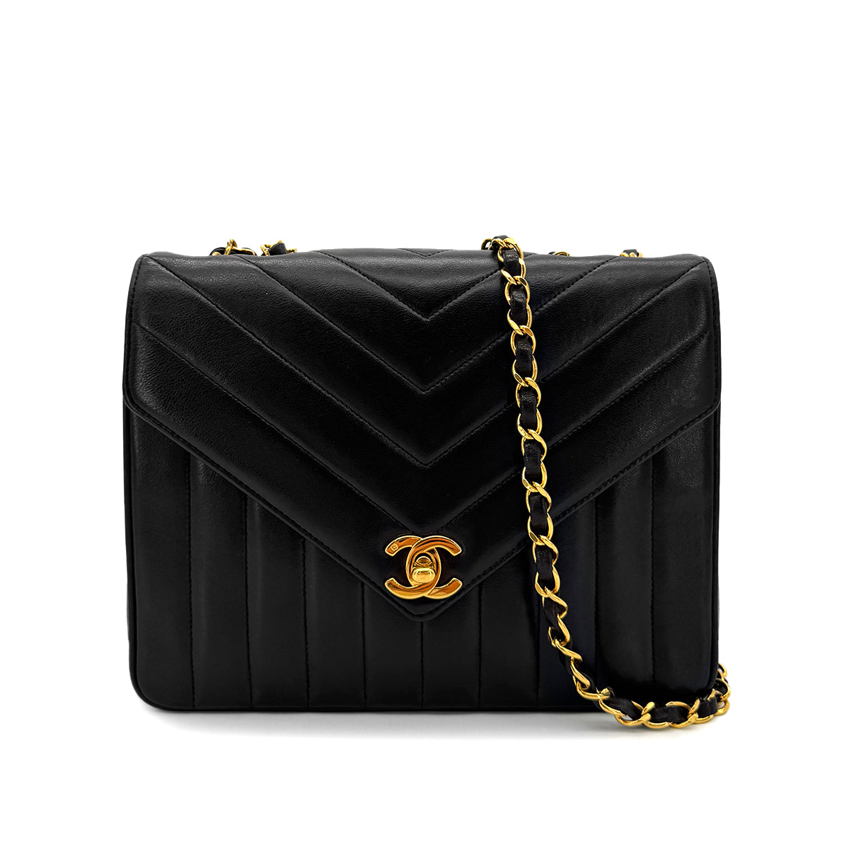CHANEL VINTAGE CHEVRON CHAIN SHOULDER BAG BLACK LAMB SKIN 90292489