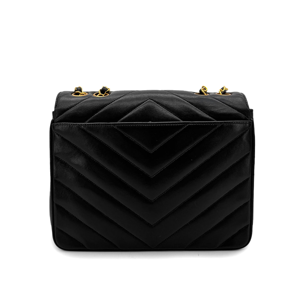 CHANEL VINTAGE CHEVRON CHAIN SHOULDER BAG BLACK LAMB SKIN 90292489