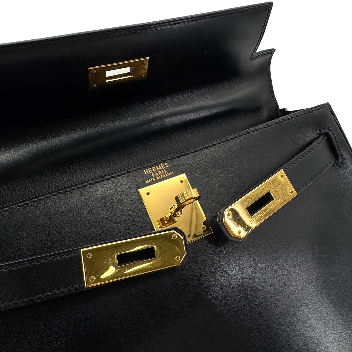 HERMES KELLY 28 RETOURNE BLACK BOXCALF HAND SHOULDER BAG 〇Y GHW 90292732