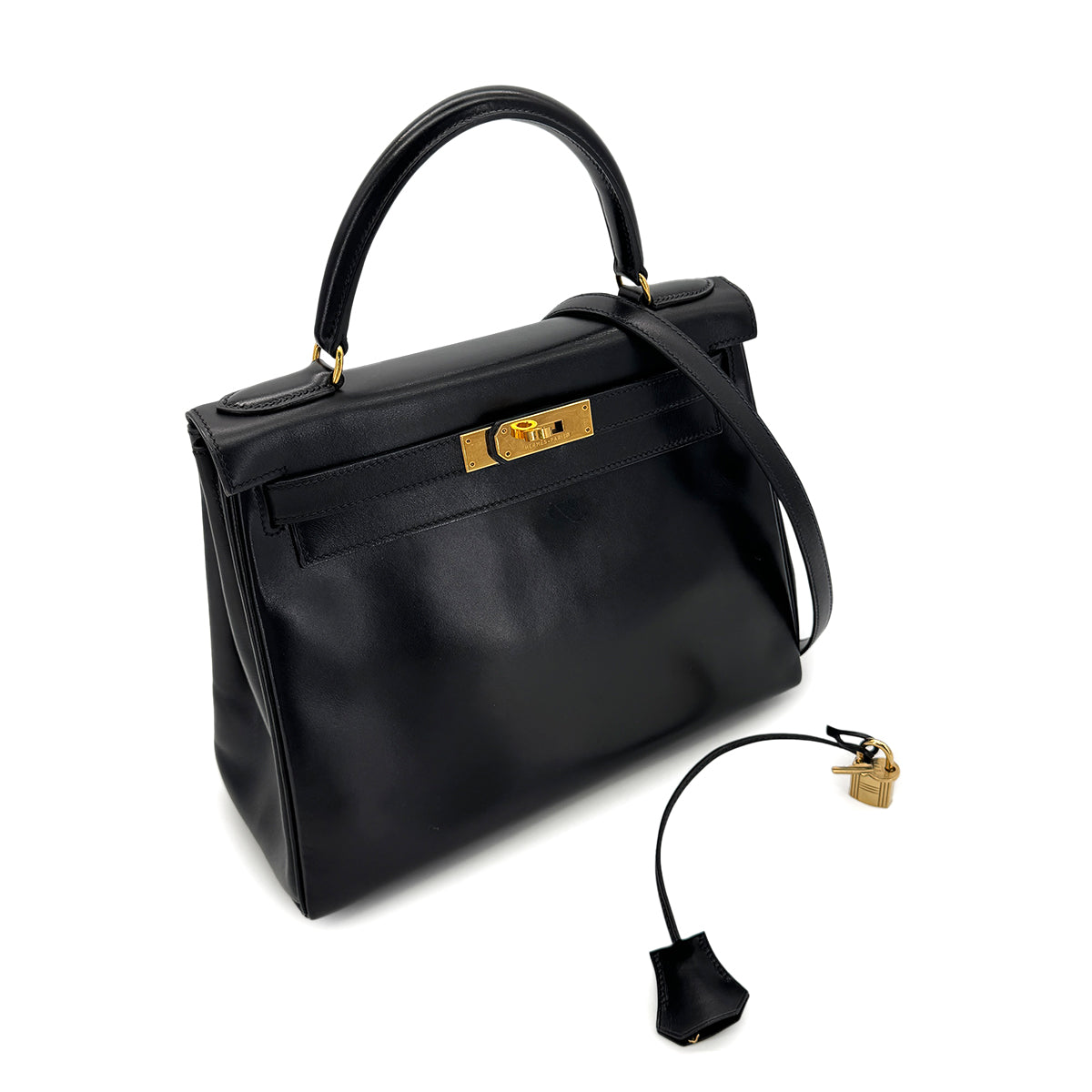 HERMES KELLY 28 RETOURNE BLACK BOXCALF HAND SHOULDER BAG 〇Y GHW 90292732