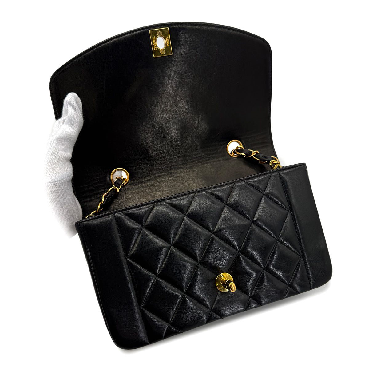 CHANEL VINTAGE DIANA SMALL CHAIN SHOULDER BAG BLACK LAMB SKIN 90292738