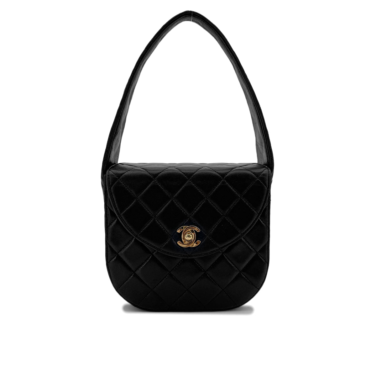 CHANEL VINTAGE MATELASSE HAND SHOULDER BAG ROUND BLACK LAMB SKIN 90292739