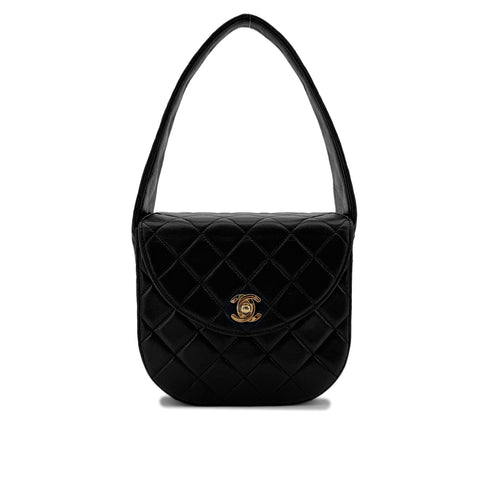 CHANEL VINTAGE MATELASSE HAND SHOULDER BAG ROUND BLACK LAMB SKIN 90292739