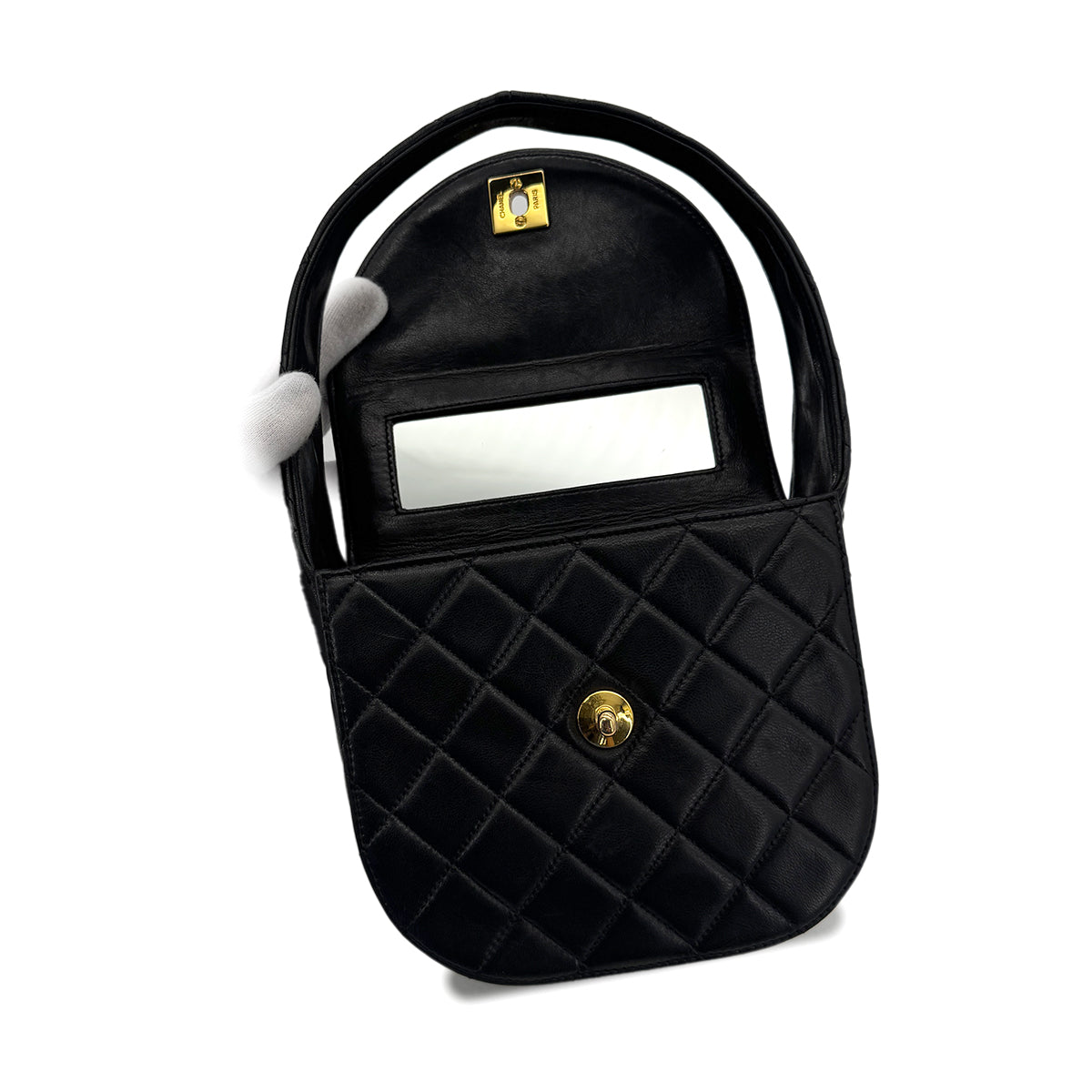 CHANEL VINTAGE MATELASSE HAND SHOULDER BAG ROUND BLACK LAMB SKIN 90292739
