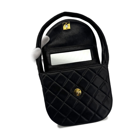 CHANEL VINTAGE MATELASSE HAND SHOULDER BAG ROUND BLACK LAMB SKIN 90292739