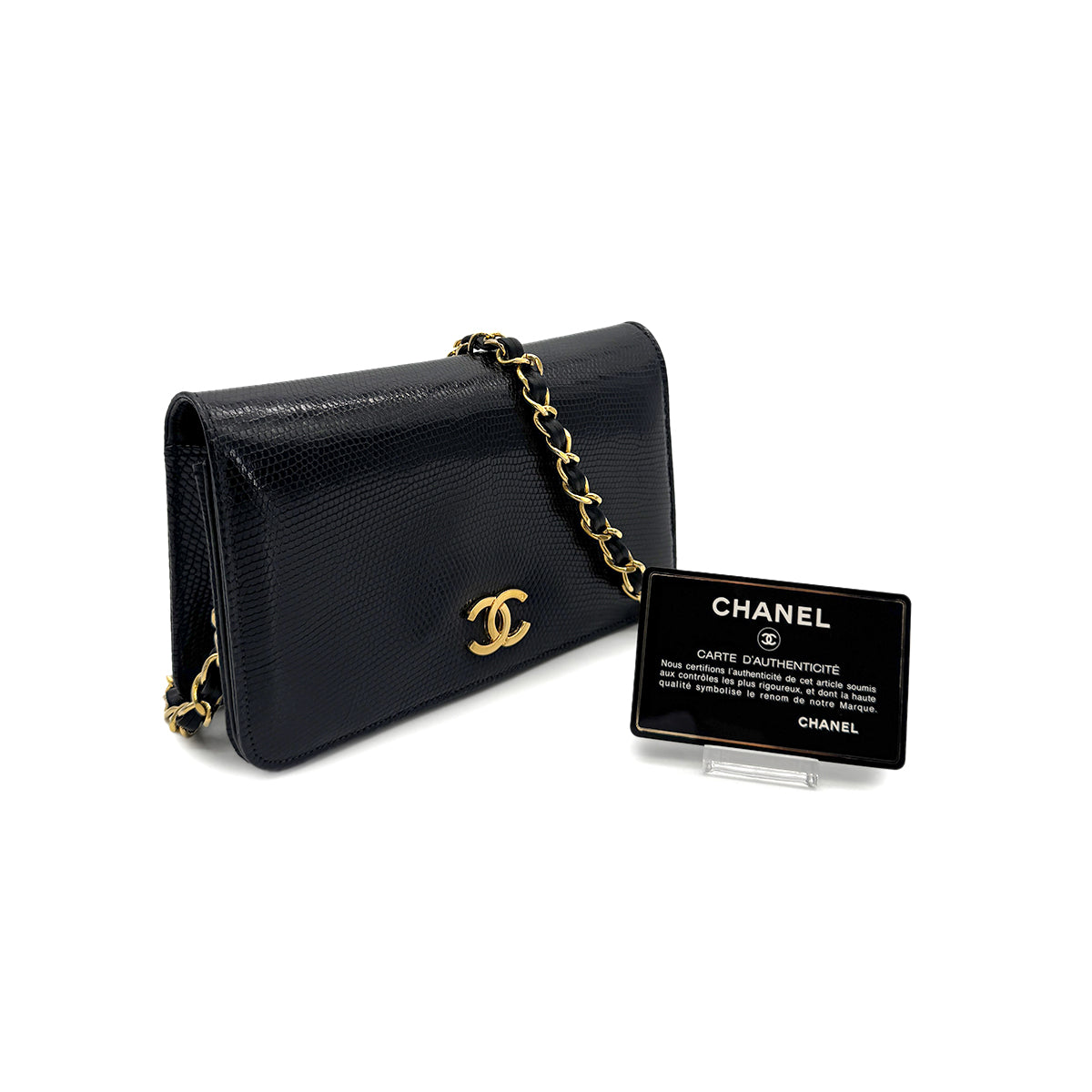 CHANEL VINTAGE FULL FLAP CHAIN SHOULDER BAG BLACK LIZARD 90292743