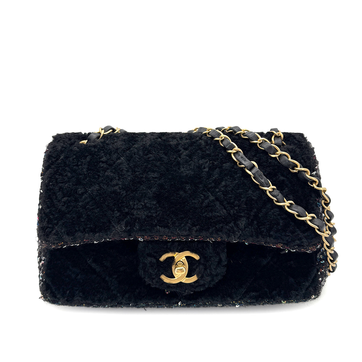 CHANEL MATELASSE CHAIN SHOULDER BAG BLACK FAR TWEED SEQUINS 90292747