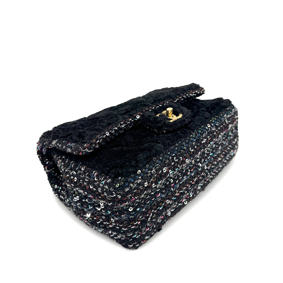 CHANEL MATELASSE CHAIN SHOULDER BAG BLACK FAR TWEED SEQUINS 90292747