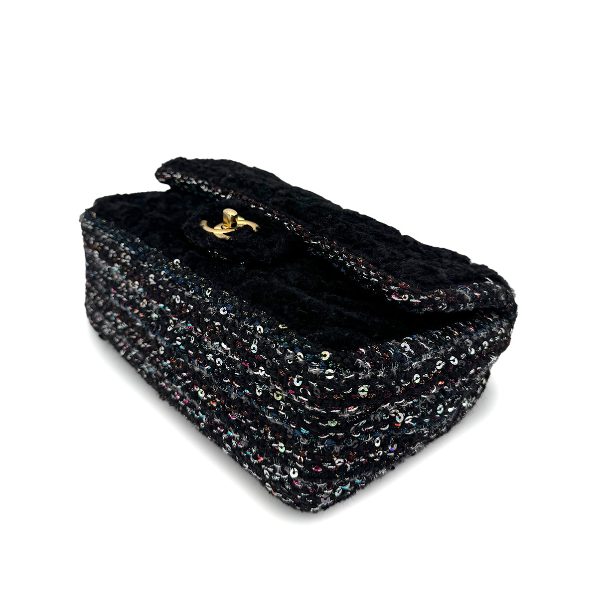 CHANEL MATELASSE CHAIN SHOULDER BAG BLACK FAR TWEED SEQUINS 90292747