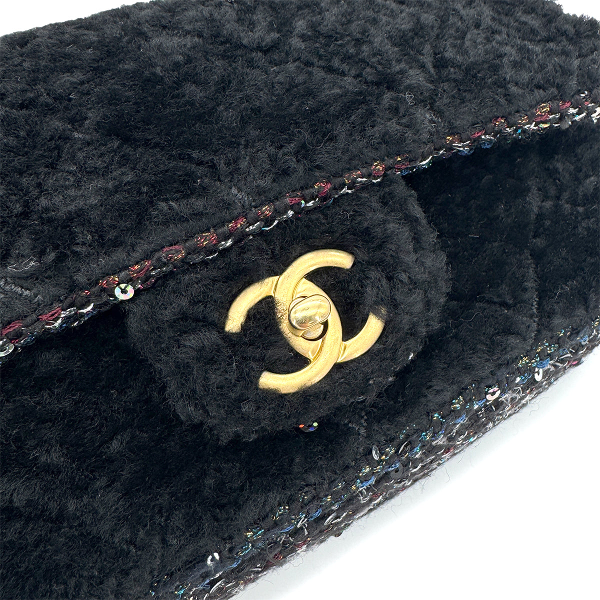 CHANEL MATELASSE CHAIN SHOULDER BAG BLACK FAR TWEED SEQUINS 90292747