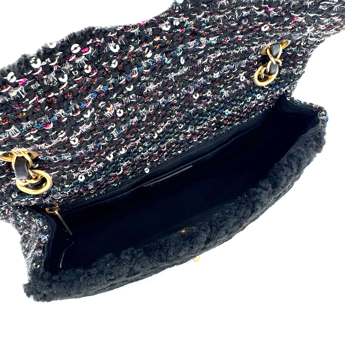 CHANEL MATELASSE CHAIN SHOULDER BAG BLACK FAR TWEED SEQUINS 90292747