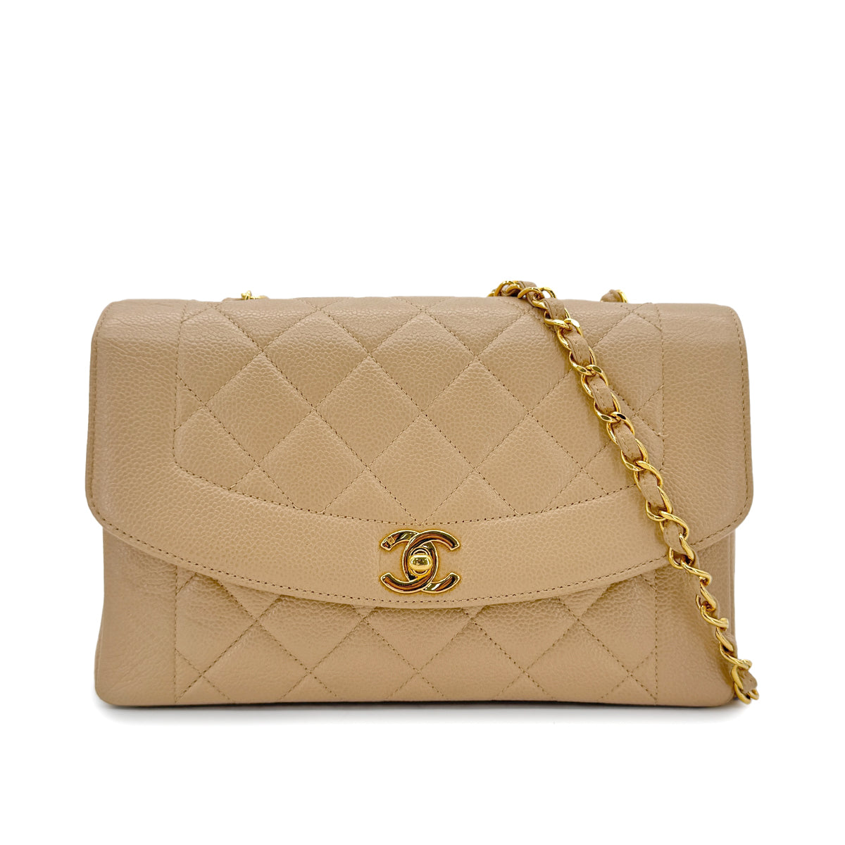 CHANEL VINTAGE MATELASSE CHAIN SHOULDER BAG BEIGE CAVIAR SKIN 90292750