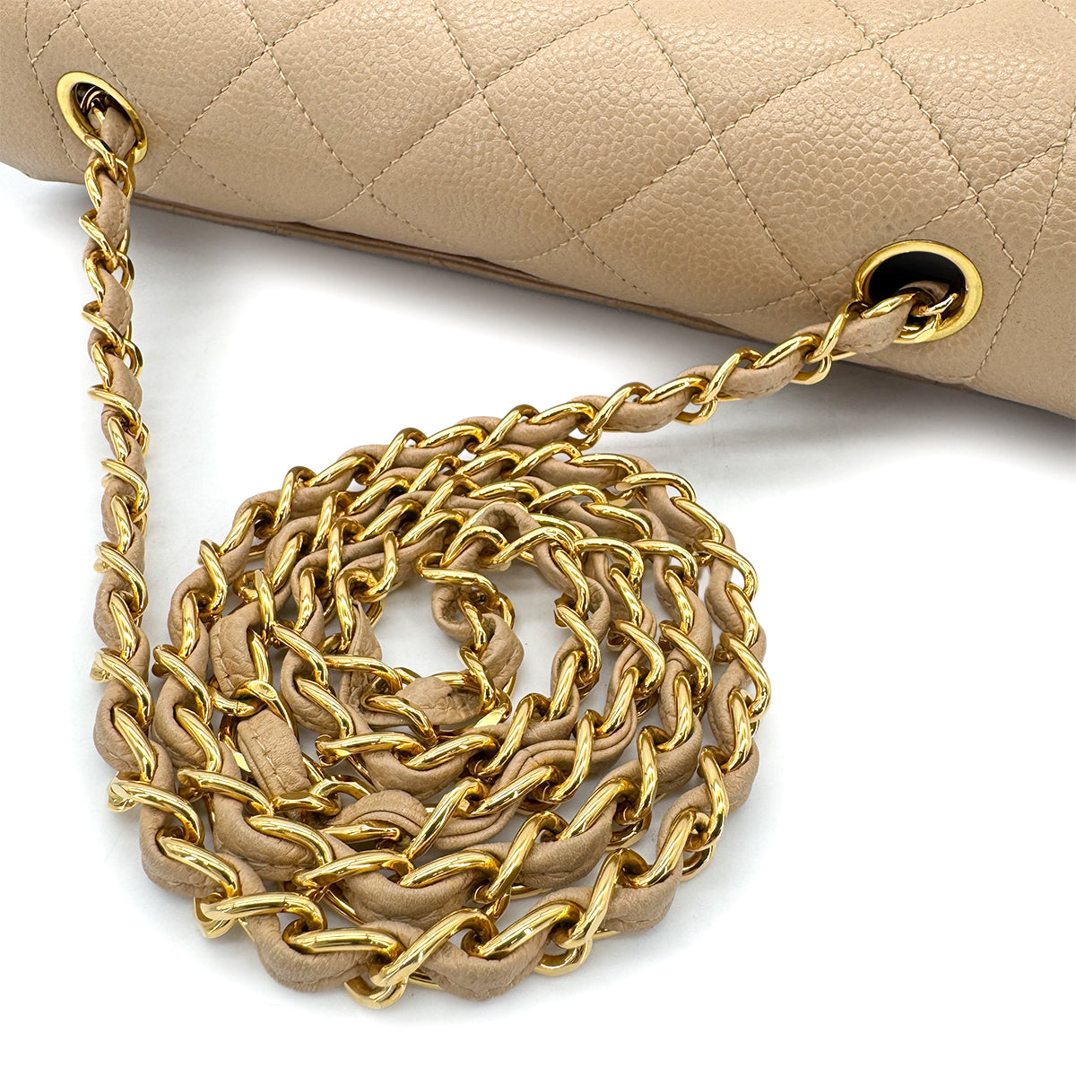 CHANEL VINTAGE MATELASSE CHAIN SHOULDER BAG BEIGE CAVIAR SKIN 90292750