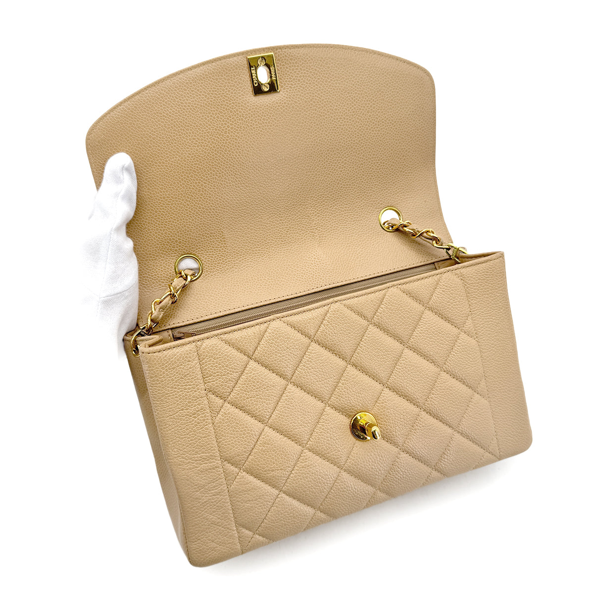CHANEL VINTAGE MATELASSE CHAIN SHOULDER BAG BEIGE CAVIAR SKIN 90292750
