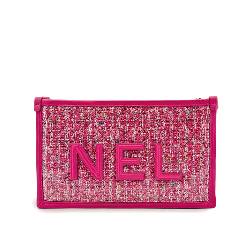CHANEL 2019 SS PRET-A-PORTER COLLECTION PVC LOGO CLUTCH BAG PINK TWEED 90292785