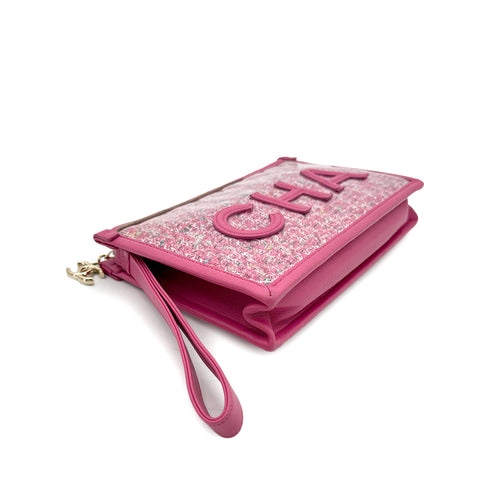 CHANEL 2019 SS PRET-A-PORTER COLLECTION PVC LOGO CLUTCH BAG PINK TWEED 90292785