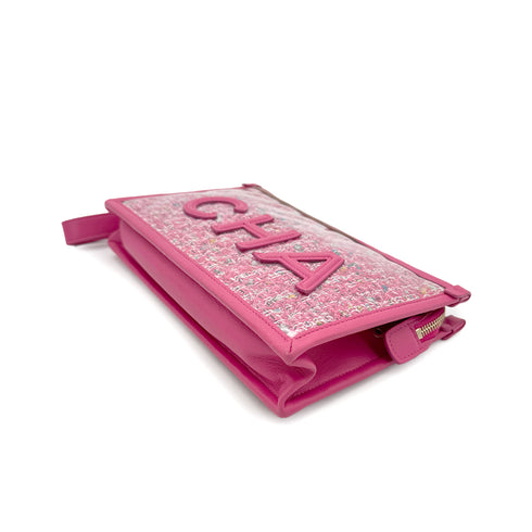 CHANEL 2019 SS PRET-A-PORTER COLLECTION PVC LOGO CLUTCH BAG PINK TWEED 90292785