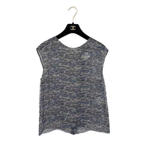 CHANEL LOGO PATTERN SLEEVELESS BLOUSE COCO BUTTON GRAY BLUE SILK 38 P40 RTW 90292791