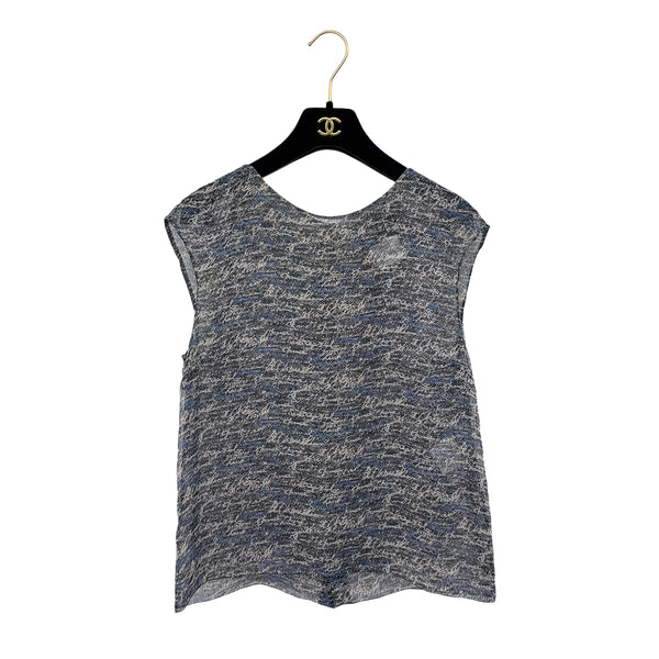 CHANEL LOGO PATTERN SLEEVELESS BLOUSE COCO BUTTON GRAY BLUE SILK 38 P40 RTW 90292791