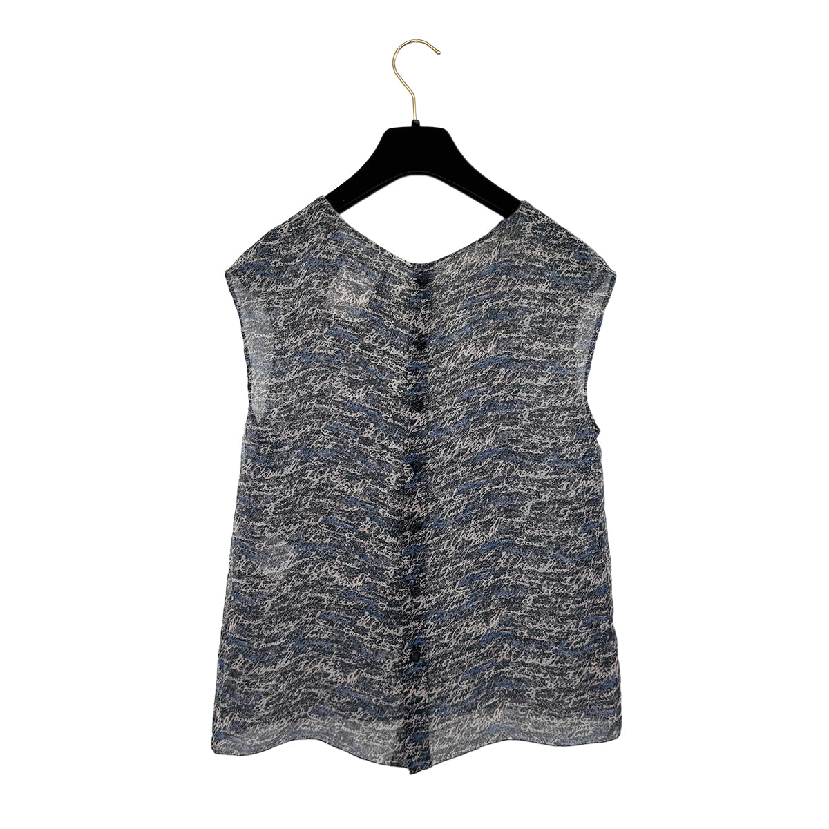 CHANEL LOGO PATTERN SLEEVELESS BLOUSE COCO BUTTON GRAY BLUE SILK 38 P40 RTW 90292791