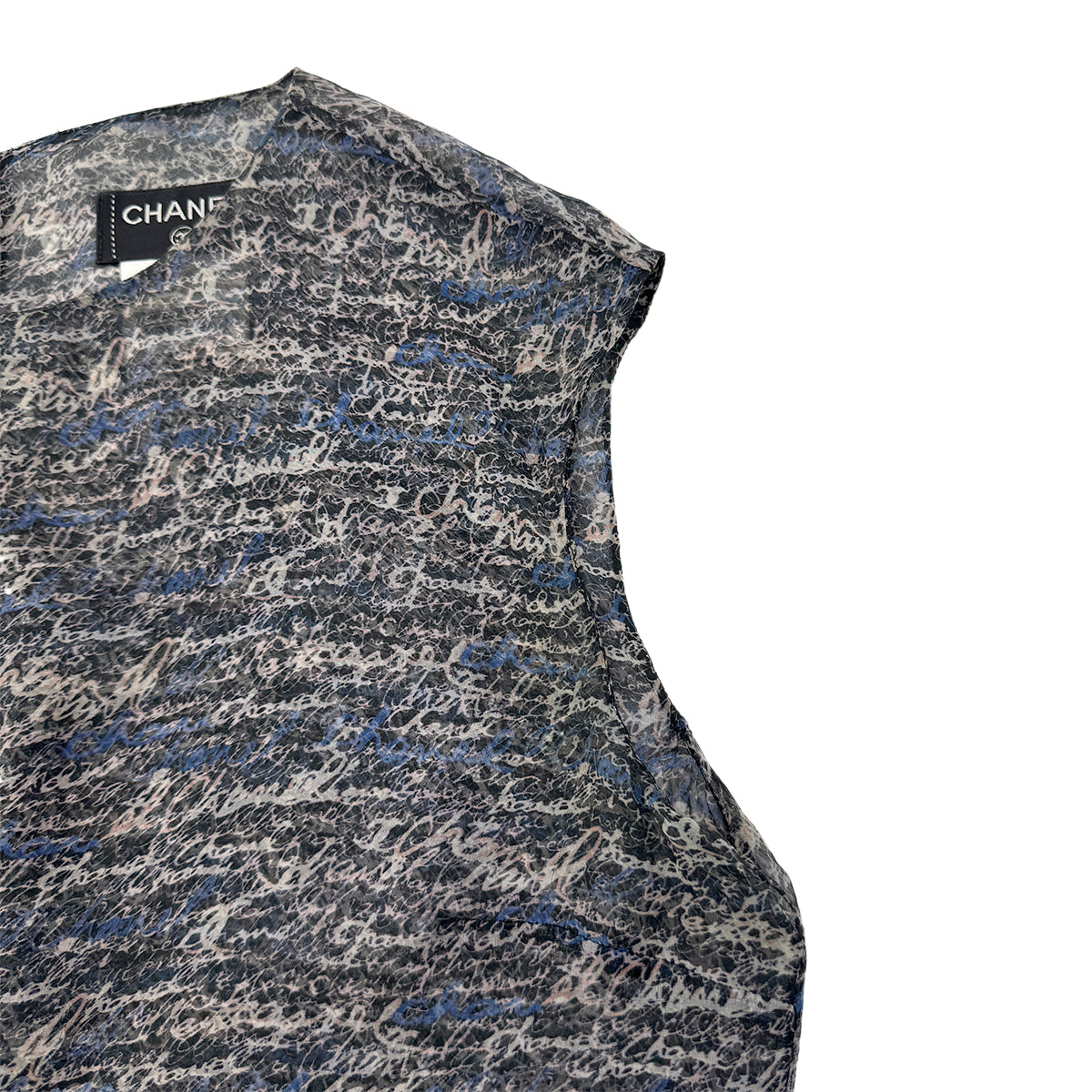 CHANEL LOGO PATTERN SLEEVELESS BLOUSE COCO BUTTON GRAY BLUE SILK 38 P40 RTW 90292791
