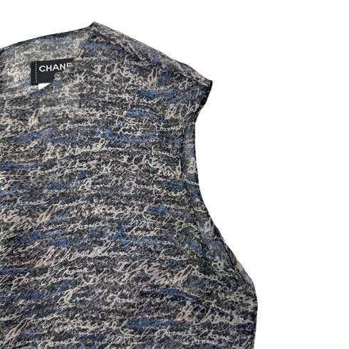 CHANEL LOGO PATTERN SLEEVELESS BLOUSE COCO BUTTON GRAY BLUE SILK 38 P40 RTW 90292791