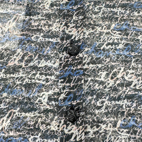 CHANEL LOGO PATTERN SLEEVELESS BLOUSE COCO BUTTON GRAY BLUE SILK 38 P40 RTW 90292791