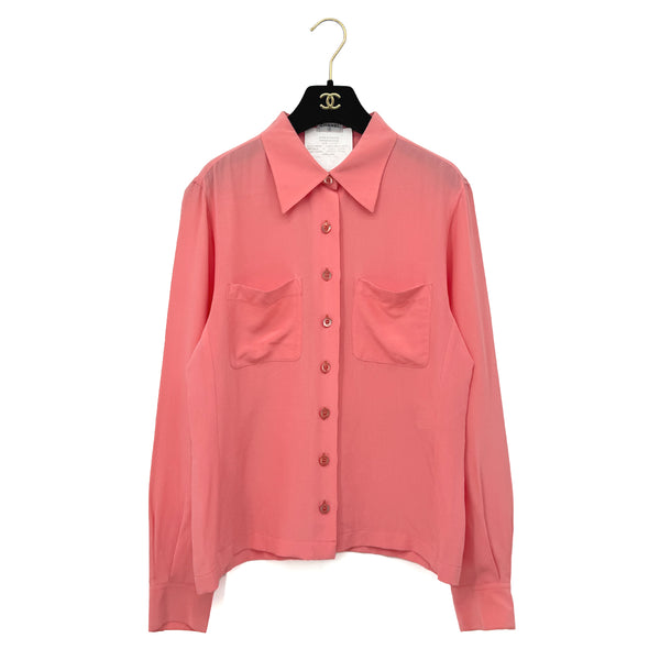 CHANEL VINTAGE LOGO BUTTON SHIRT PINK SILK 42 RTW 90292792