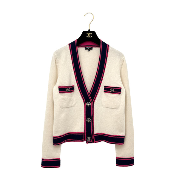 CHANEL COCO BUTTON CARDIGAN IVORY PINK NAVY CASHMERE 36 P62 RTW 90292797