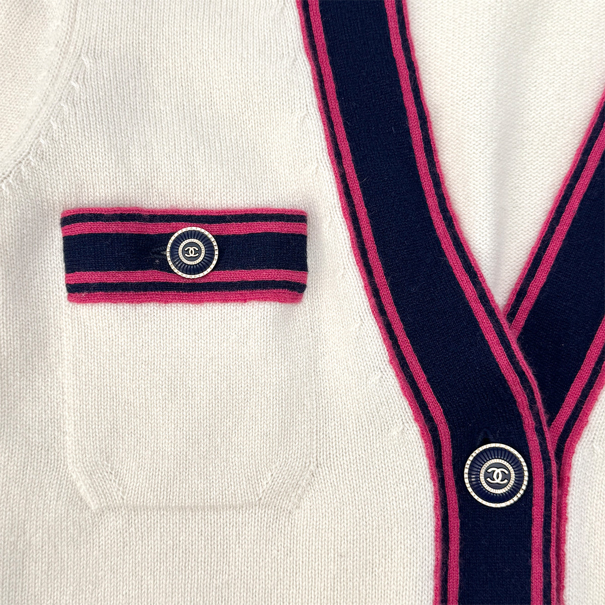 CHANEL COCO BUTTON CARDIGAN IVORY PINK NAVY CASHMERE 36 P62 RTW 90292797